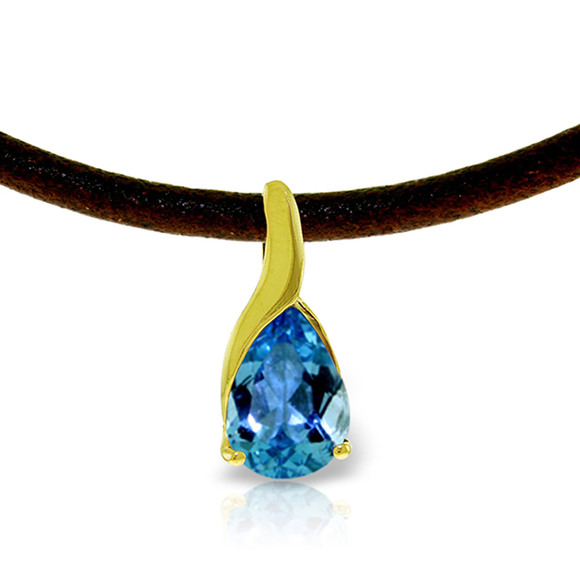14K. GOLD & LEATHER NECKLACE WITH BLUE TOPAZ (Yellow Gold)